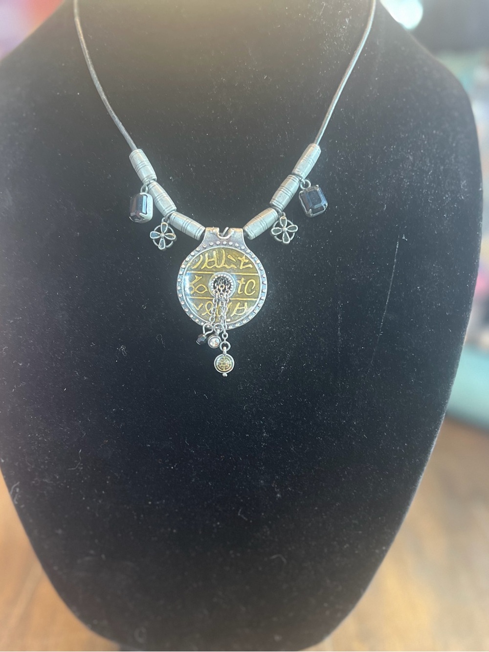 Black Cord Necklace with Antique Gunmetal Medallion - Unbranded